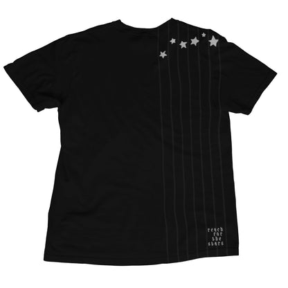 Black t-shirt with white star designs on a white background